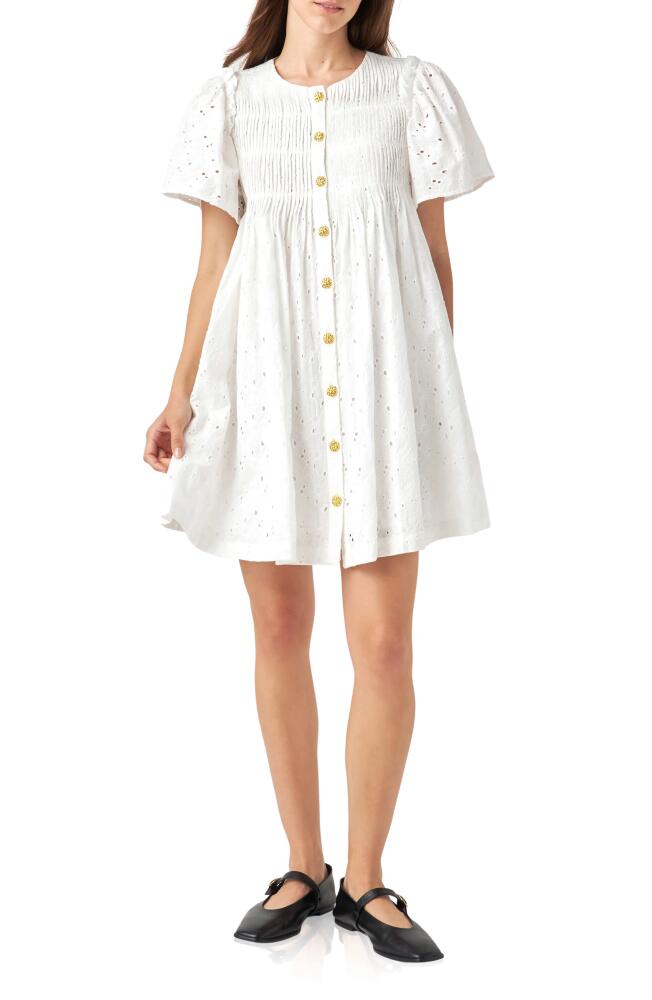 English Factory Embroidered Cotton Eyelet Button-Up Babydoll Dress in White Cover