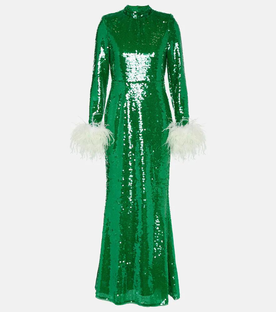 Self-Portrait Sequined feather-trimmed gown Cover