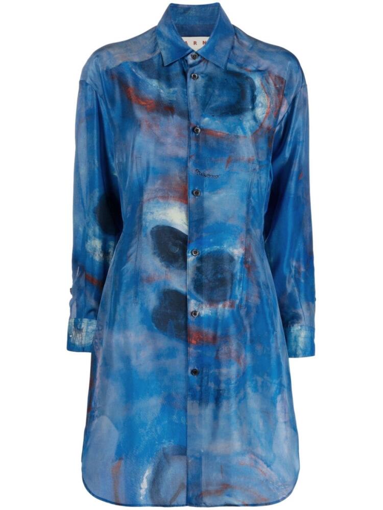 Marni illustration-style print silk shirtdress - Blue Cover