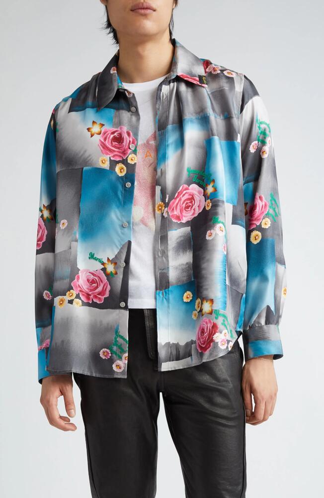 Martine Rose Classic Floral Patchwork Silk Satin Button-Up Shirt in Today Floral Blue Steel Cover