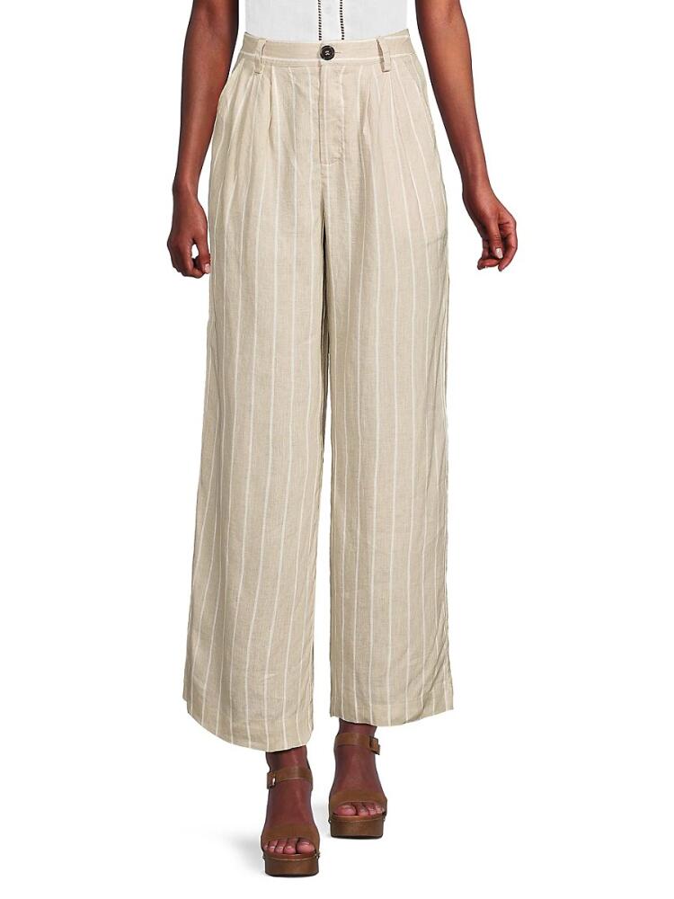 Saks Fifth Avenue Women's Striped High Rise 100% Linen Pants - Natural Blush Cover