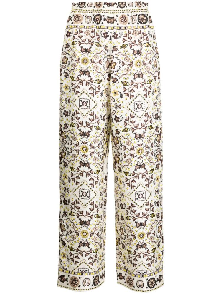 Tory Burch graphic-print silk trousers - Brown Cover