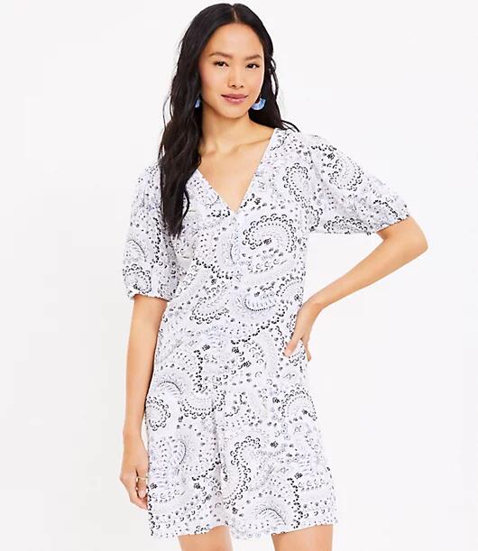 Loft Paisley Puff Sleeve Button Swing Dress Cover