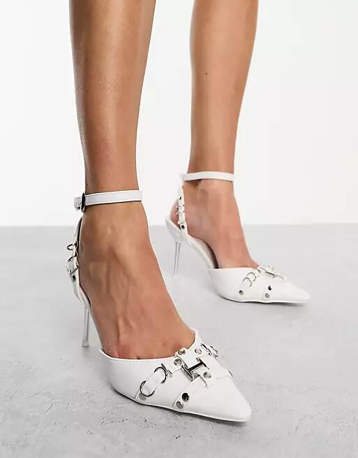 Public Desire Prowl heeled shoe with chain detail in white Cover