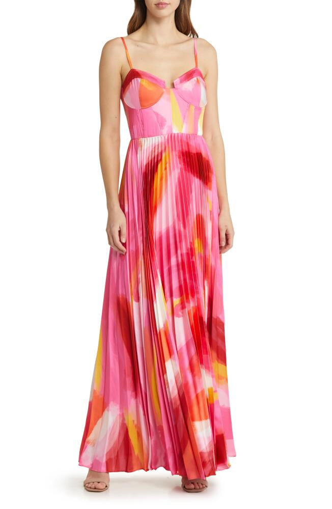 Hutch Mali Bustier Pleated Satin Gown in Pink Brushstroke Satin Cover