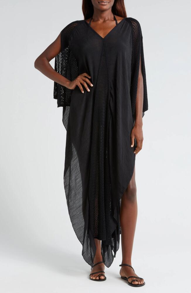 Elan Open Stitch Detail Cover-Up Caftan Dress in Black Cover