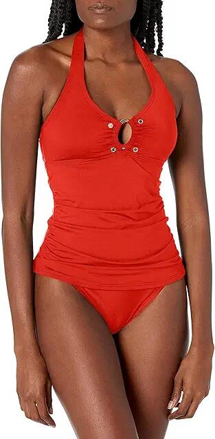 Calvin Klein Women's Solid Halter Tankini Swimsuit with Removable Soft Cups (Clementine) Women's Swimwear Cover