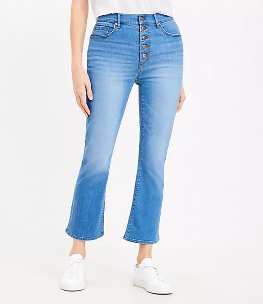 Loft Curvy Button Front High Rise Kick Crop Jeans in Bright Mid Indigo Wash Cover