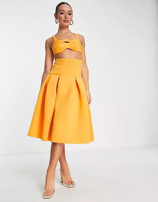 ASOS DESIGN two piece dropped waist pleat midi prom dress in marigold-Yellow Cover