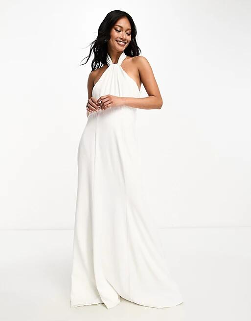 Little Mistress Bridal halterneck satin maxi dress in ivory-White Cover