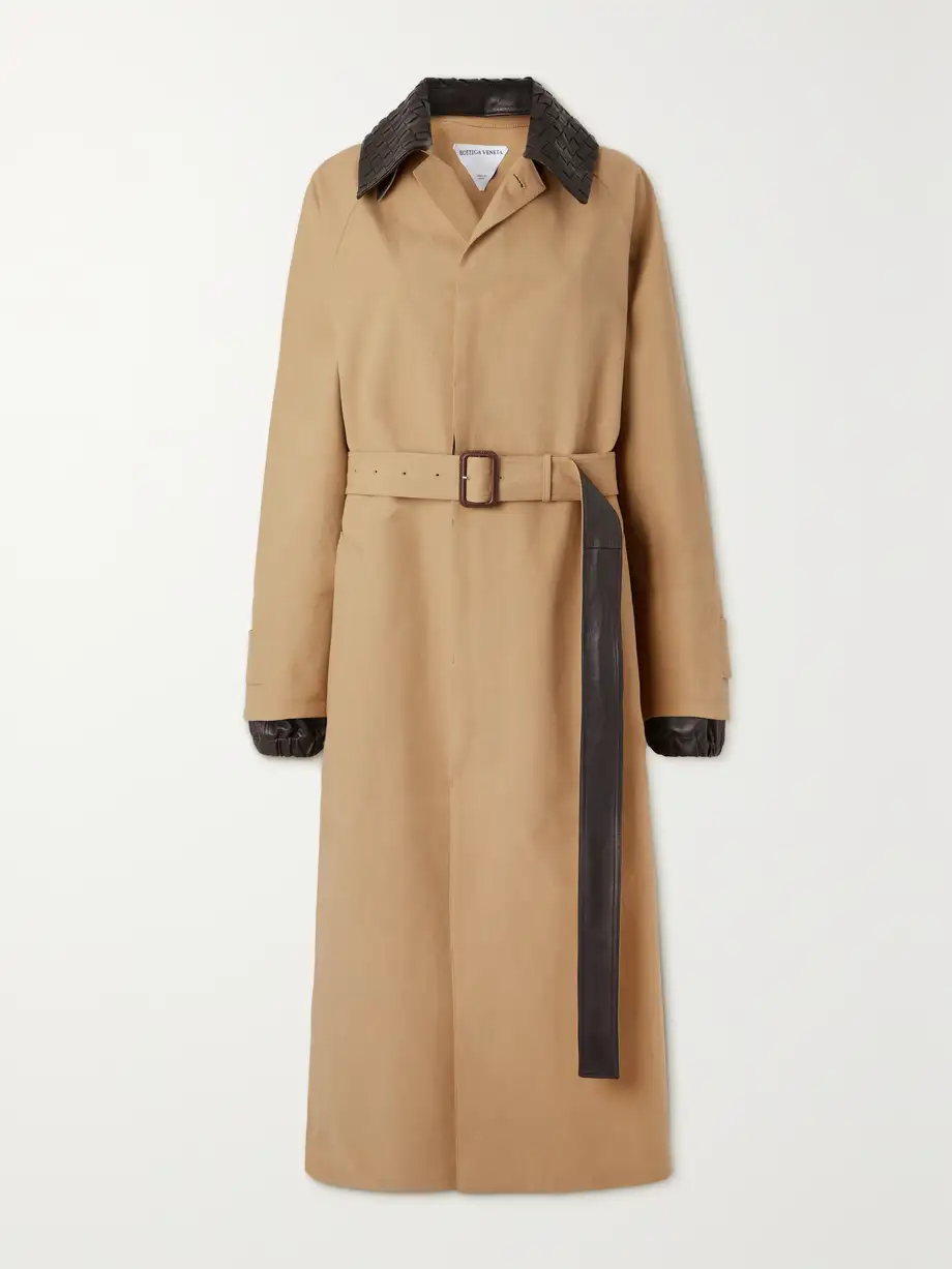 Bottega Veneta - Belted Leather-trimmed Cotton-garbardine Trench Coat - Neutrals Cover