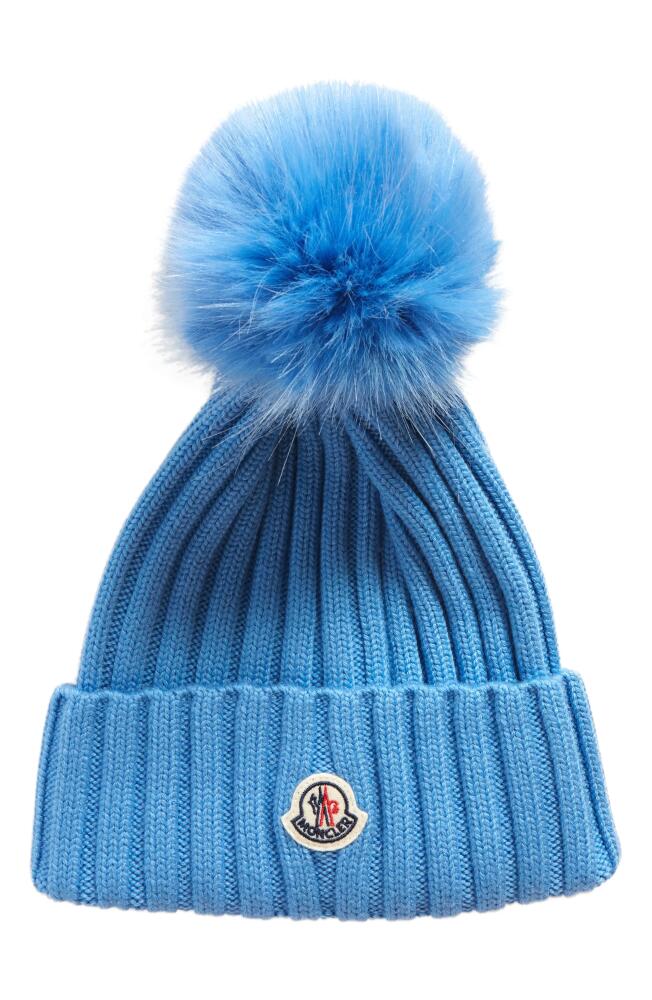 Moncler Virgin Wool Rib Beanie with Faux Fur Pompom in Light Blue Cover