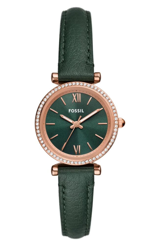 Fossil Carlie Leather Strap Watch, 28mm in Green Cover