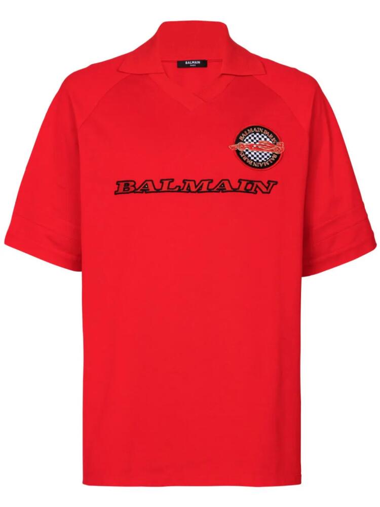 Balmain logo-patch cotton polo shirt - Red Cover