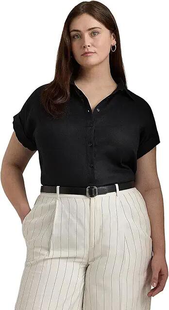 Lauren Ralph Lauren Plus-Size Linen Dolman-Sleeve Shirt (Polo Black) Women's Clothing Cover