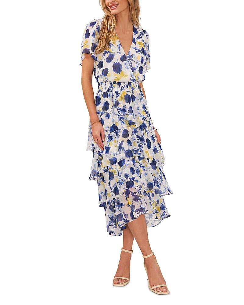 Vince Camuto Floral Print Flutter Sleeve Tiered Ruffle Midi Dress Cover