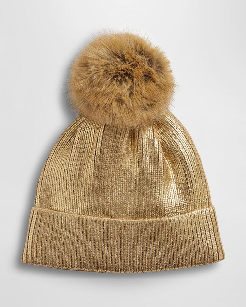 Fabulous Furs Metallic Ribbed Beanie with Faux Fur Pom Cover