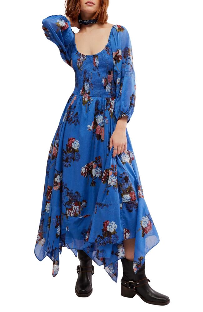 Free People Morning Glory Floral Smocked Long Sleeve Maxi Dress in Dutch Blue Combo Cover