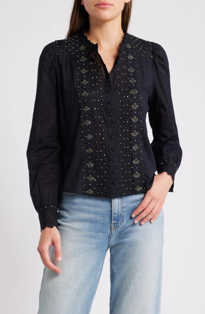 LoveShackFancy Mildrene Embellished Button-Up Shirt in Black Cover