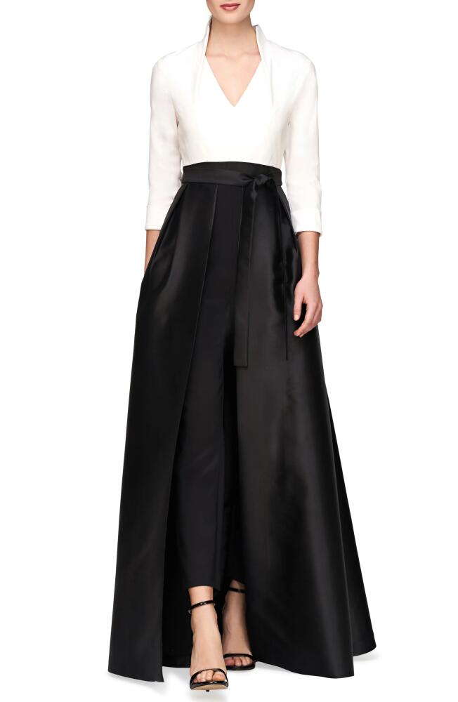 Kay Unger Sharon Tie Belt Three-Quarter Sleeve Satin Maxi Jumpsuit in White Black Cover