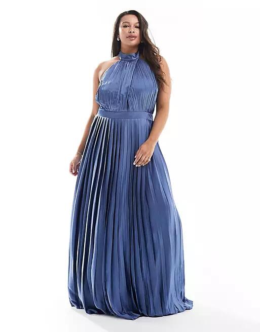 TFNC Plus Bridesmaid satin pleated halterneck maxi dress with full skirt in aster blue Cover