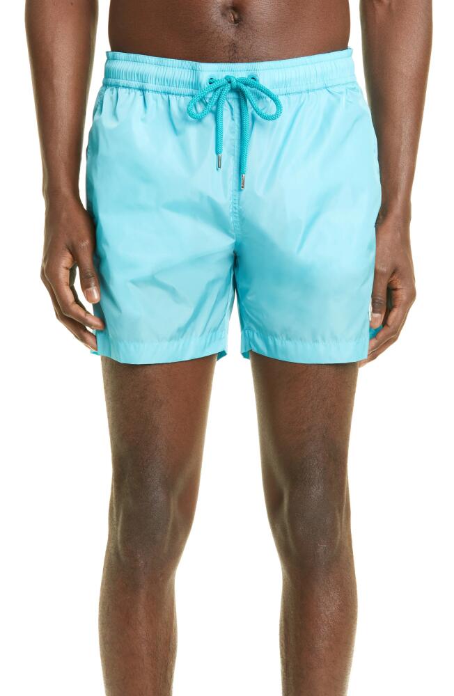 Moncler Logo Patch Swim Trunks in Teal Cover