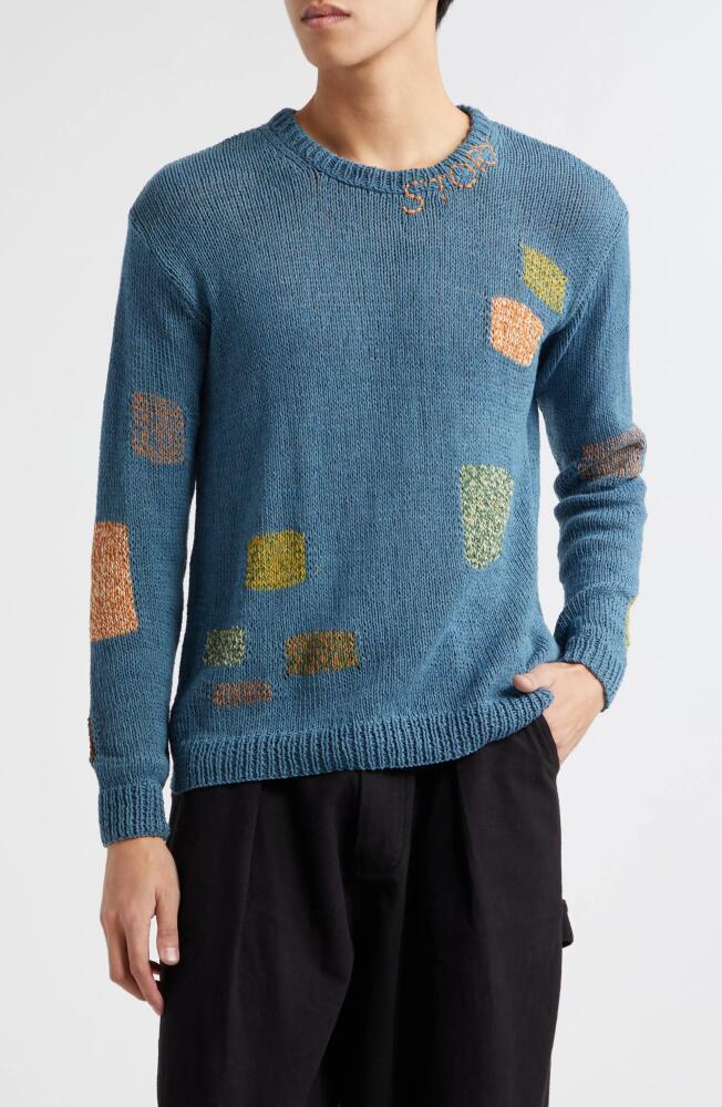 Story mfg. Spinning Embroidered Patchwork Organic Cotton Crewneck Sweater in Blue Darn-Knit Cover