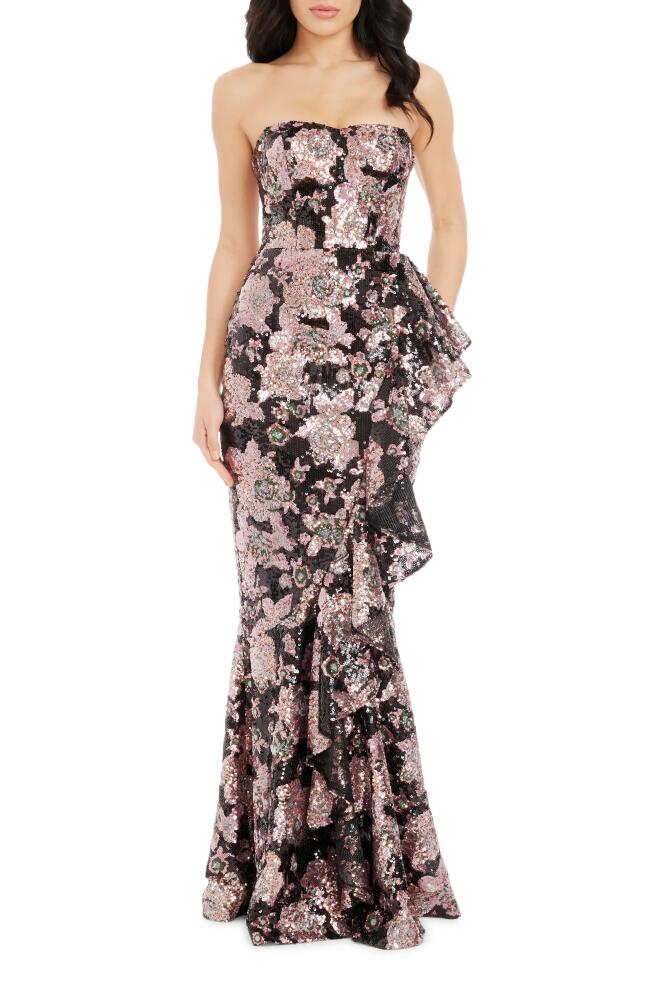 Dress the Population Paris Sequin Ruffle Strapless Gown in Dusty Rose Multi Cover