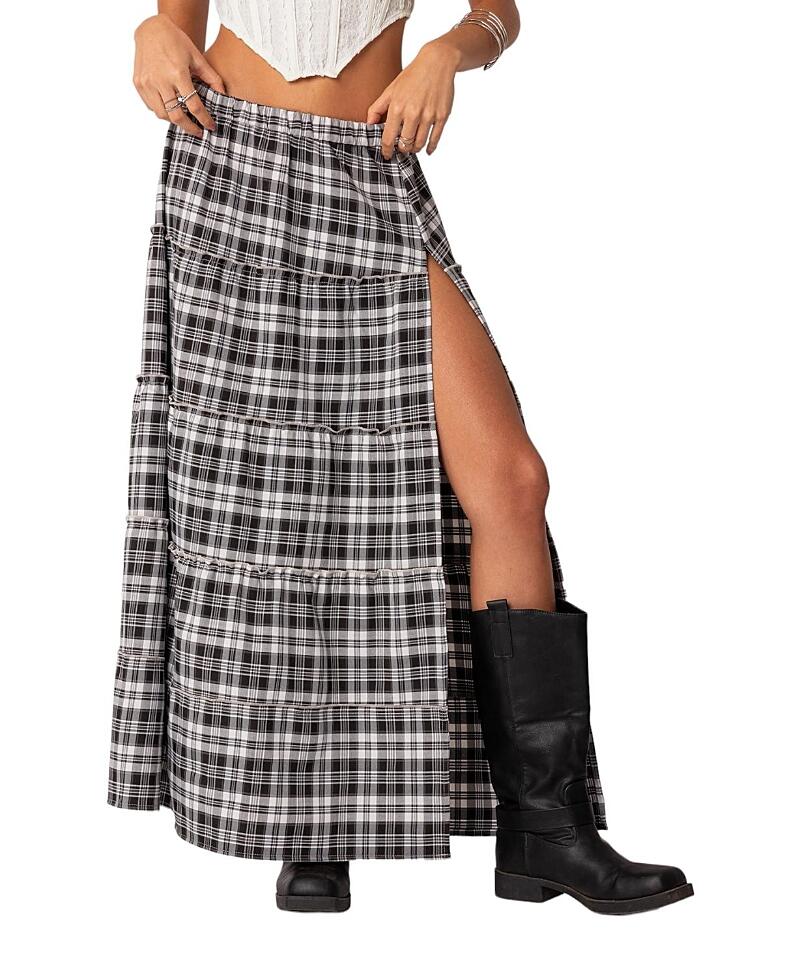 Edikted Plaid Side Slit Tiered Maxi Skirt Cover