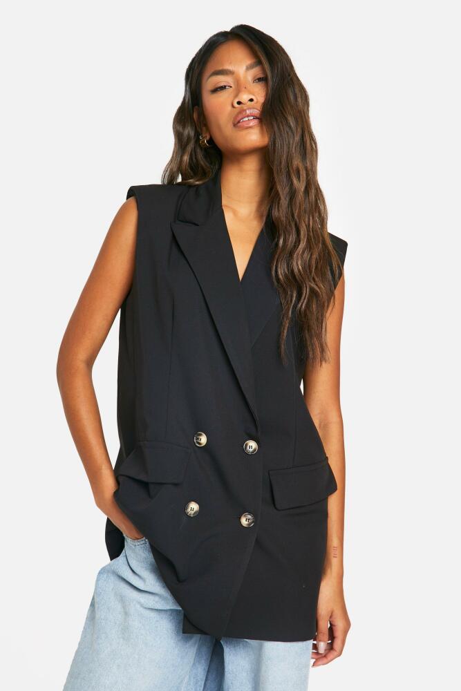 boohoo Womens Mock Horn Double Breasted Longline Sleeveless Blazer - Black Cover