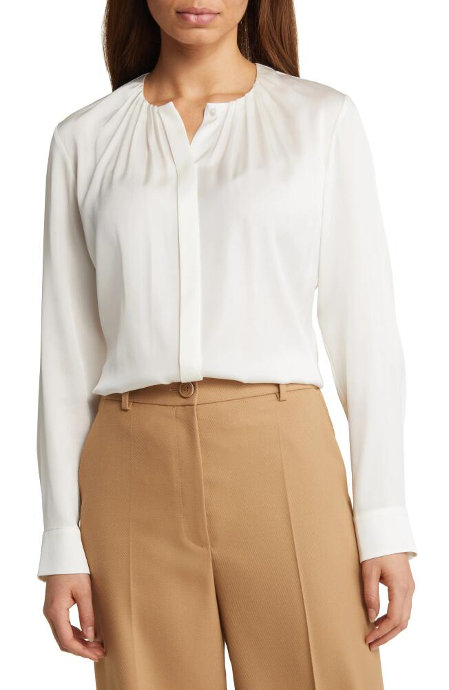 BOSS Banorah Pleat Neck Stretch Silk Blouse in Vanilla Light Cover