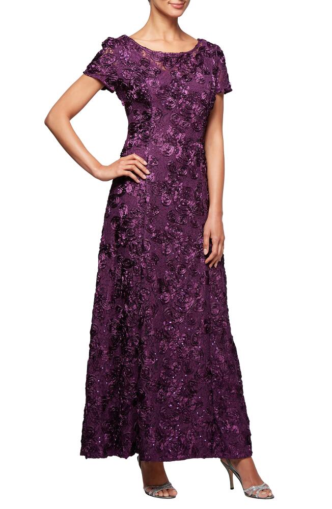 Alex Evenings Embellished Lace A-Line Evening Gown in Eggplant Cover