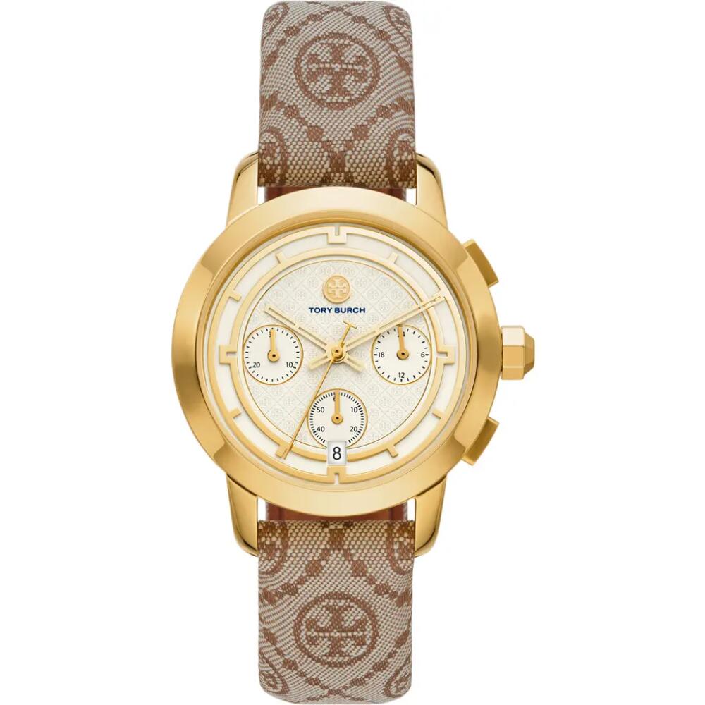 Tory Burch T-Monogram Chronograph Textile Strap Watch, 37mm in Luggage Cover