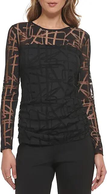 DKNY Long Sleeve Jacquard Mesh Ruched Top (Black) Women's Clothing Cover