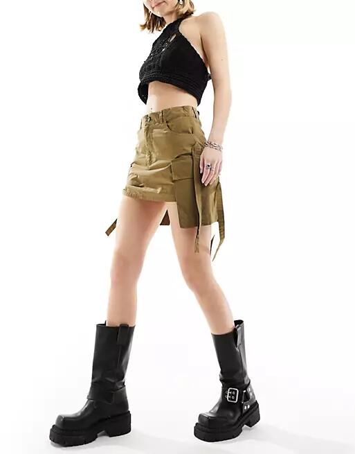 COLLUSION festival utility mini skirt with drop pocket and tab detail in khaki-Green Cover