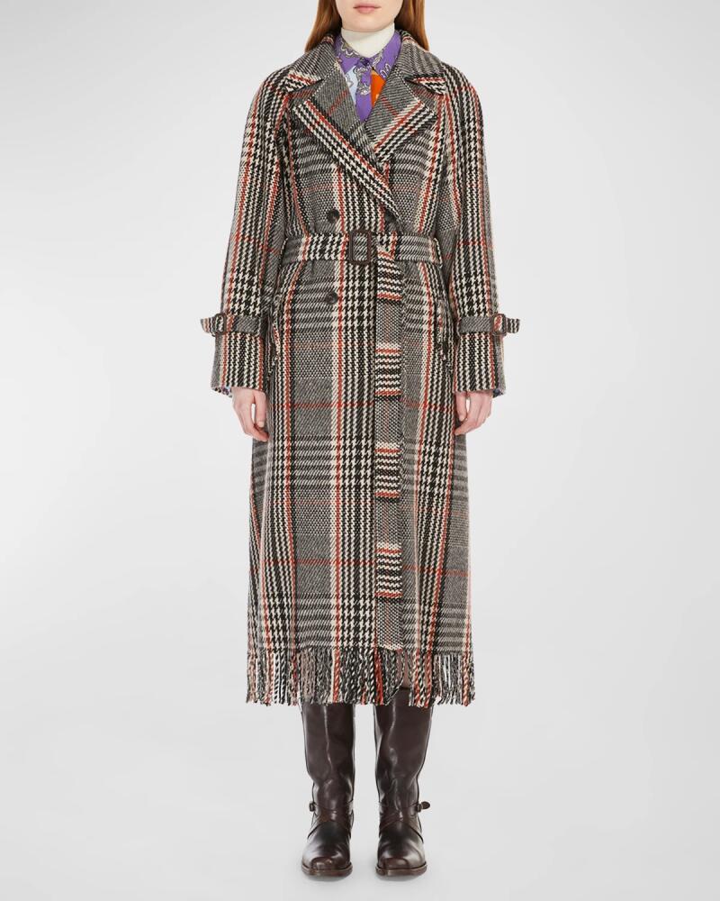 Weekend Max Mara Gommoso Belted Plaid Fringe-Trim Coat Cover