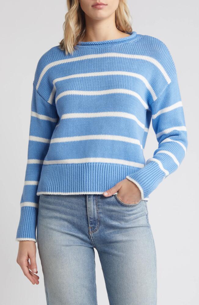 caslon(r) Easy Pima Cotton Roll Neck Sweater in Blue Lake- Ivory Cloud Stripe Cover