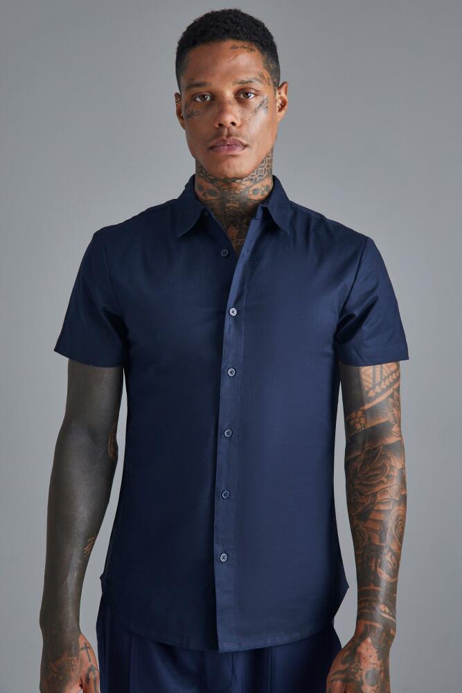 boohoo Mens Short Sleeve Slim Shirt - Navy Cover