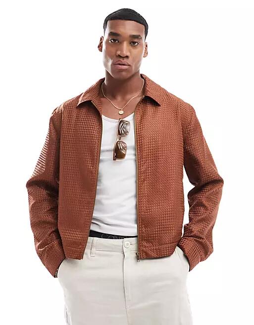 ASOS DESIGN textured cropped harrington jacket in brown Cover