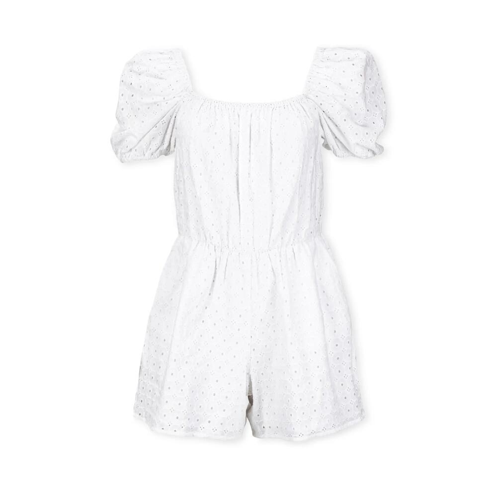 Hope & Henry Women's Puff Sleeve Eyelet Romper in White Circle Grid Eyelet Cover