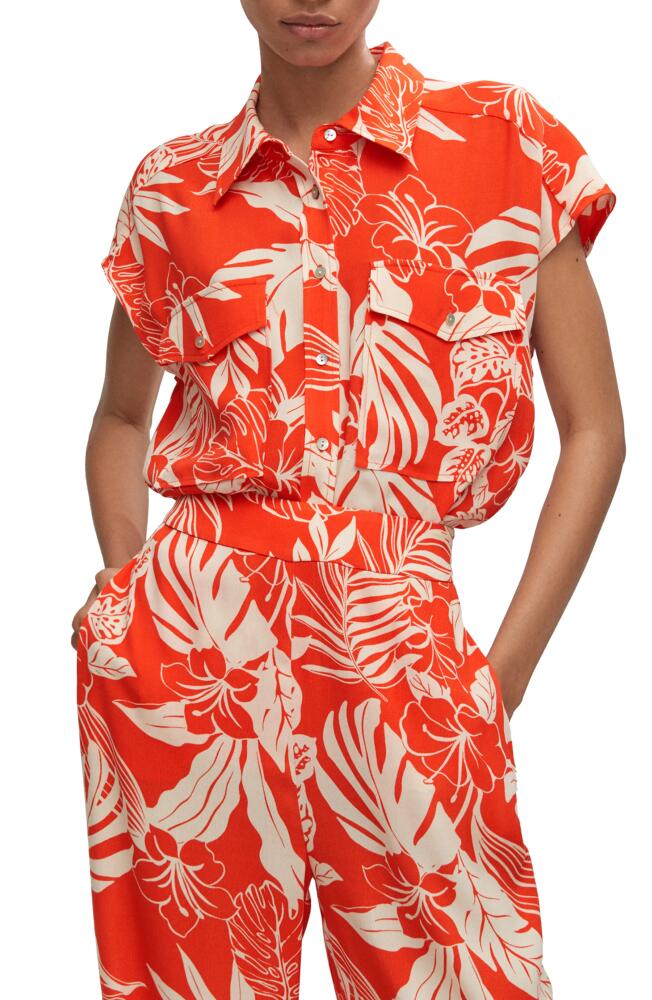 MANGO Tropical Print Oversize Button-Up Shirt in Orange Cover