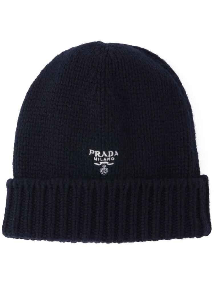 Prada logo-embroidered cashmere beanie - Blue Cover