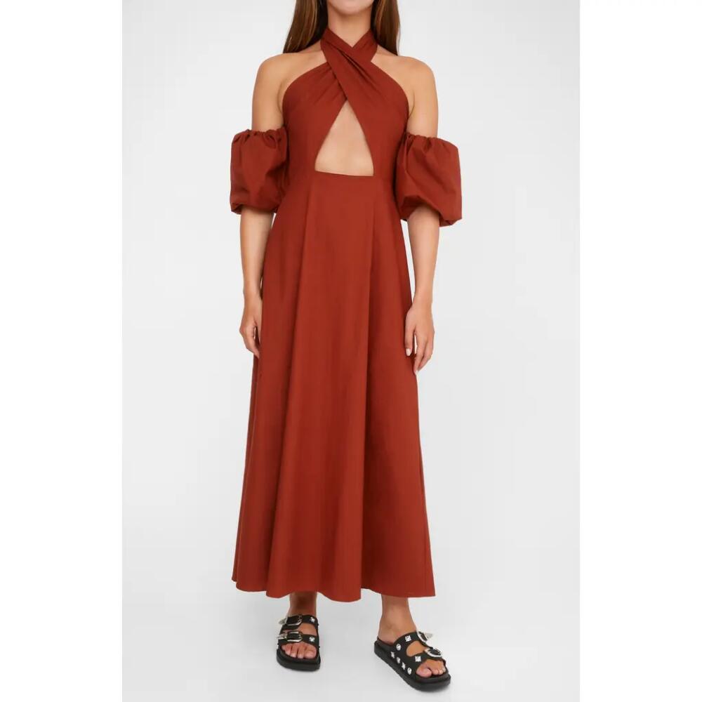 NASTY GAL Cutout Halter Cold Shoulder Puff Sleeve Maxi Dress in Rust Cover