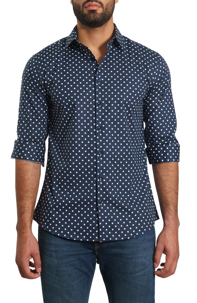 Jared Lang Trim Fit Dot Print Button-Up Shirt in Navy Print Cover