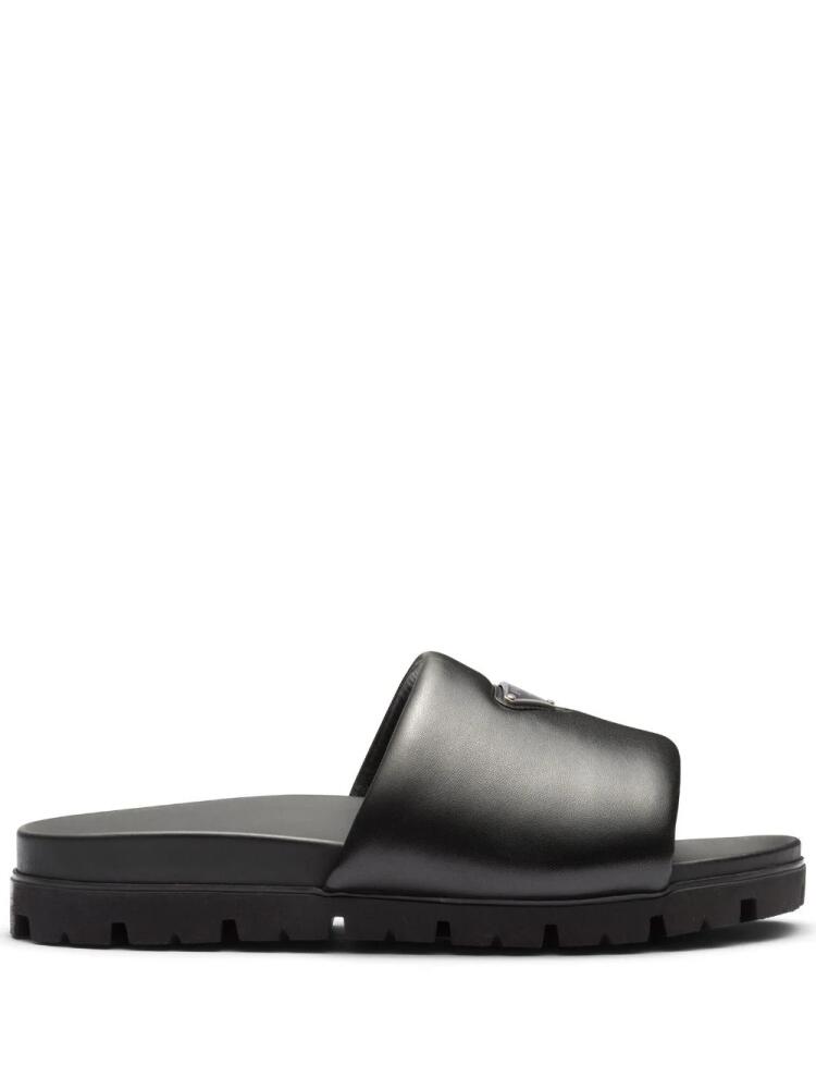 Prada logo plaque brushed leather slides - Black Cover