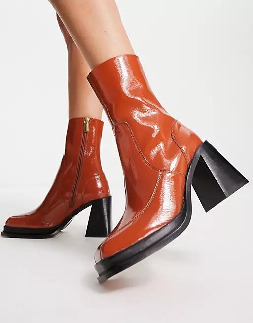 ASOS DESIGN Restore leather mid-heel boots in tan patent-Brown Cover