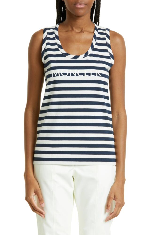 Moncler Stripe Logo Cotton Rib Tank Top in Blue/White Multi Cover