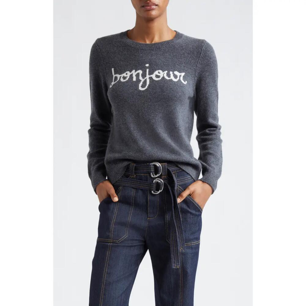 Cinq à Sept Bonjour Intarsia Crewneck Wool Blend Sweater in Heather Grey/Ivory Cover