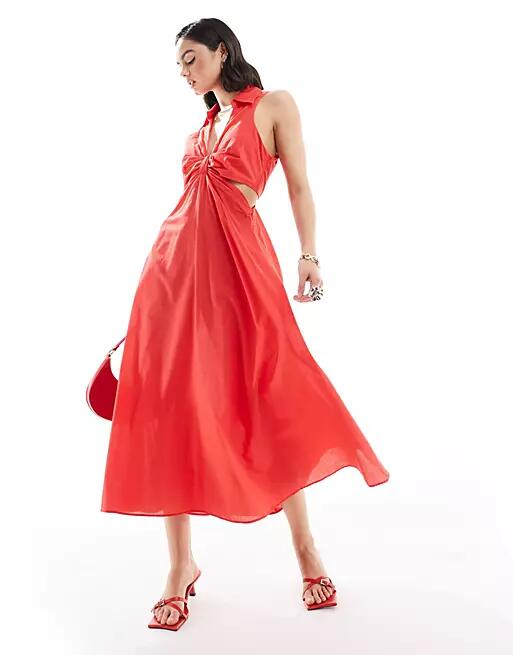 Mango split side midi dress in red Cover