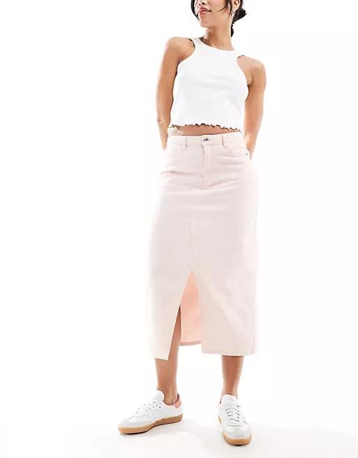 ONLY front slit twill midi skirt in pale pink Cover